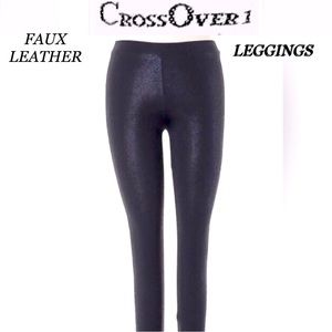 CROSS OVER 1 faux leather black leggings size L NWOT